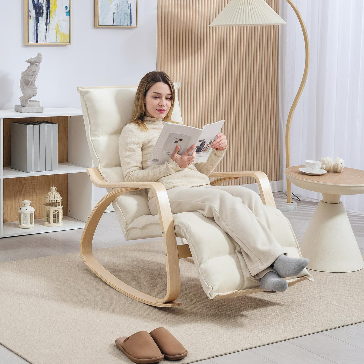 Upholstered rocking chair, relaxation armchair with armrests and steel frame, for living room, bedroom, cream white