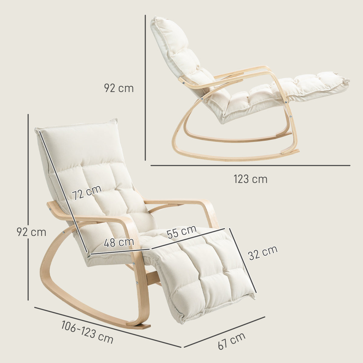 Upholstered rocking chair, relaxation armchair with armrests and steel frame, for living room, bedroom, cream white