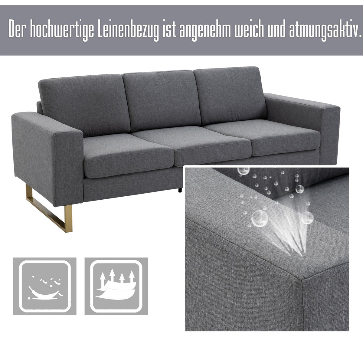 Upholstered sofa 3-seater sofa fabric sofa seating TV armchair cushion armrest linen dark gray 200 x 82 x 78 cm
