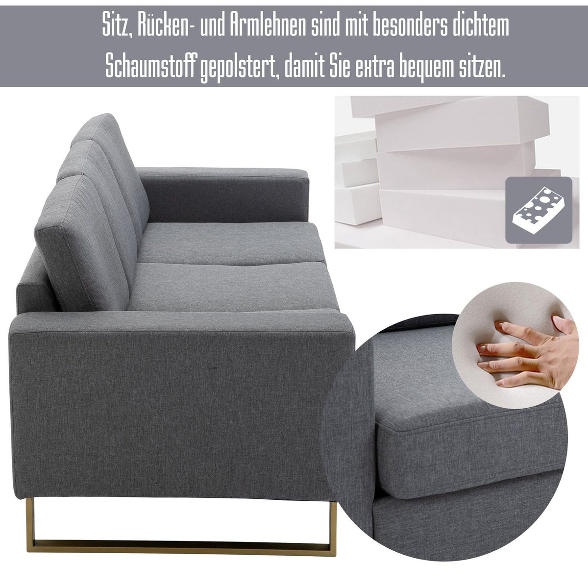 Upholstered sofa 3-seater sofa fabric sofa seating TV armchair cushion armrest linen dark gray 200 x 82 x 78 cm