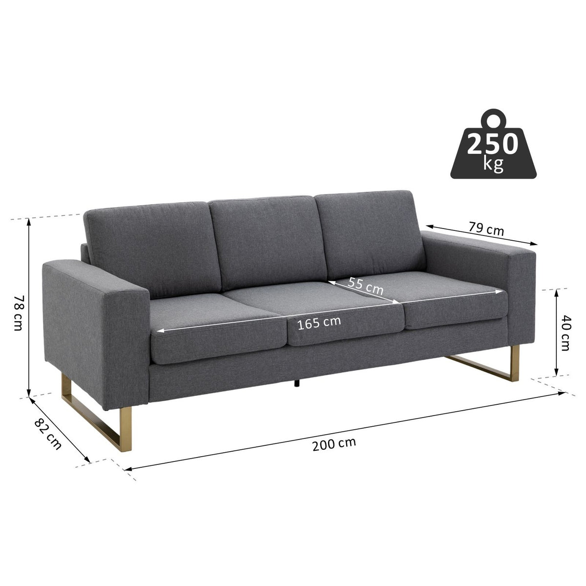 Upholstered sofa 3-seater sofa fabric sofa seating TV armchair cushion armrest linen dark gray 200 x 82 x 78 cm