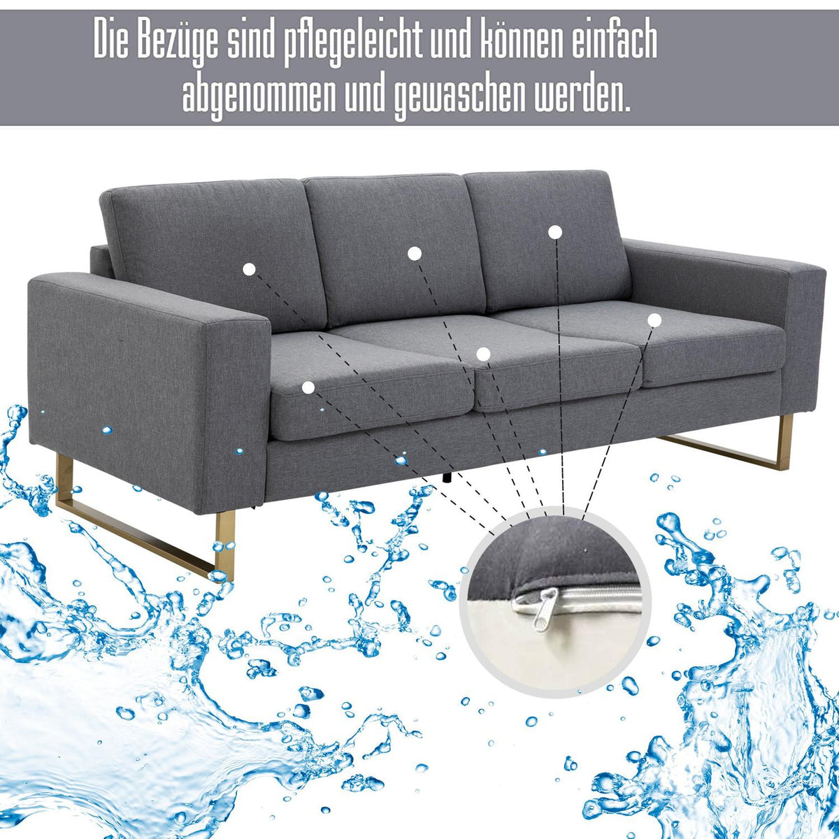 Upholstered sofa 3-seater sofa fabric sofa seating TV armchair cushion armrest linen dark gray 200 x 82 x 78 cm