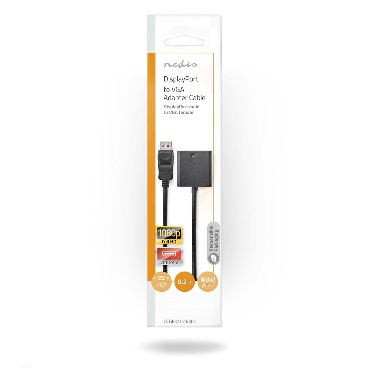 VGA cable | DisplayPort Male | VGA female 15p | Nickel Plated | Maximum resolution: 1080p | 0.20 m | Round | PVC | Black | Plastic bag