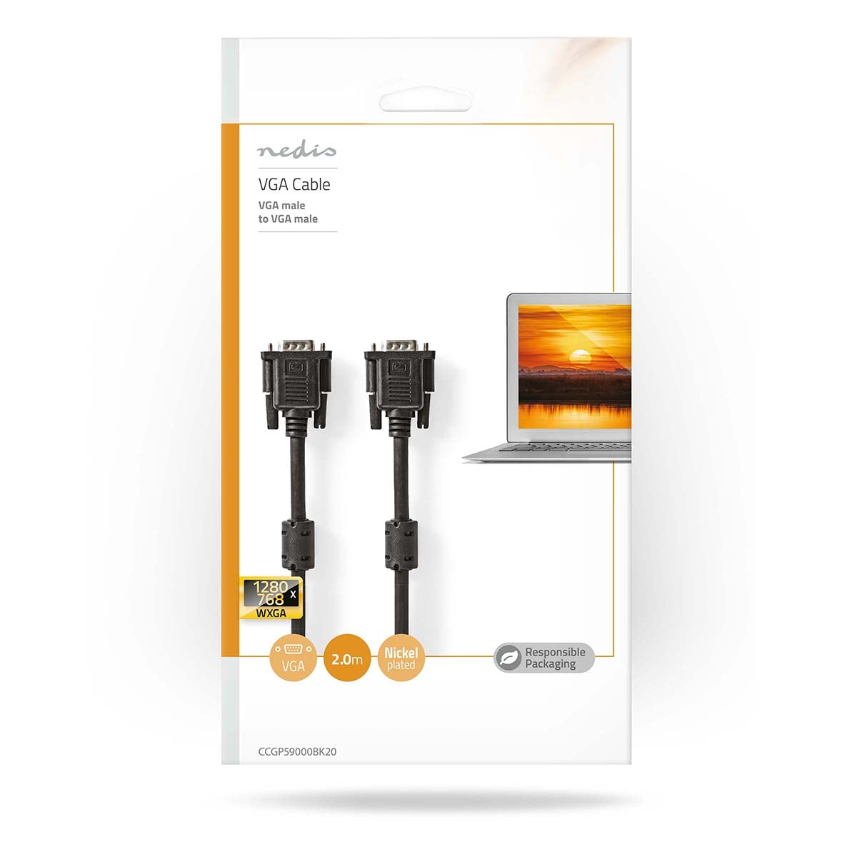 VGA cable | VGA Male | VGA Male | Nickel Plated | Maximum resolution: 1280x768 | 2.00 m | Round | ABS | Black | Envelope