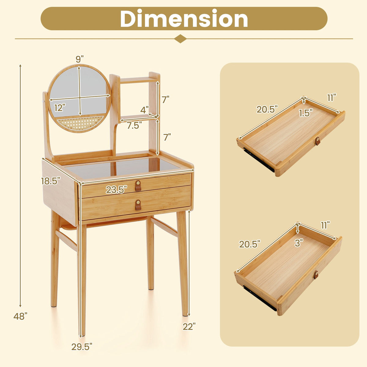 Vanity Desk With Mirror, 23.5 Inch Bamboo, 2 Drawers