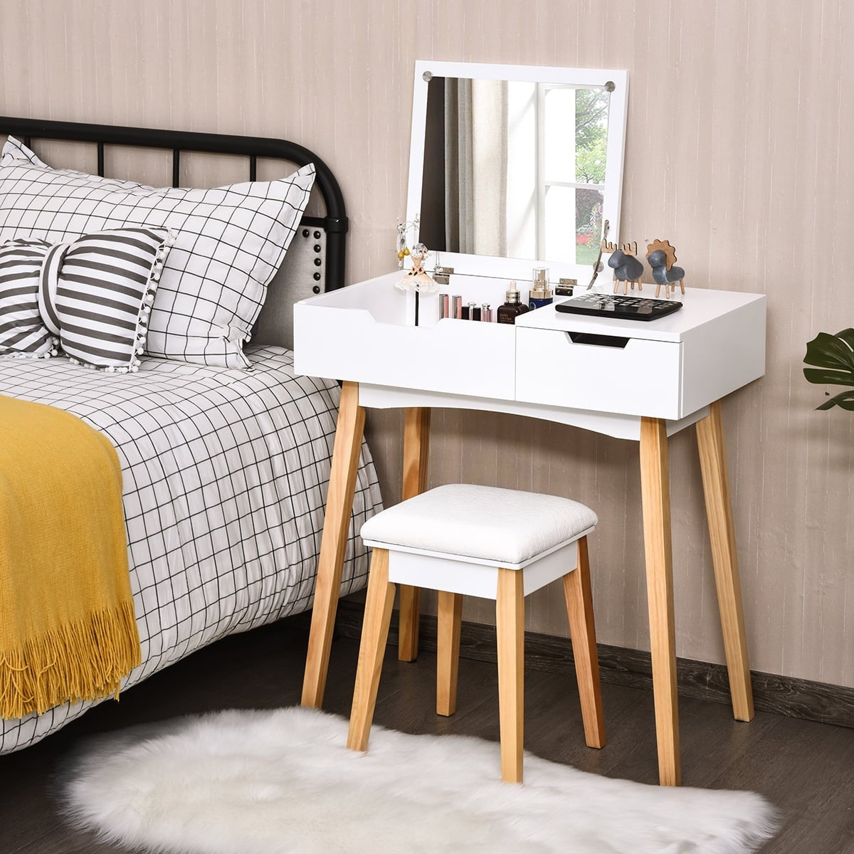 Vanity Desk with Folding Mirror & Stool, White MDF Wood