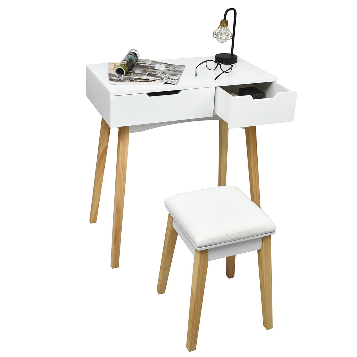 Vanity Desk with Folding Mirror & Stool, White MDF Wood
