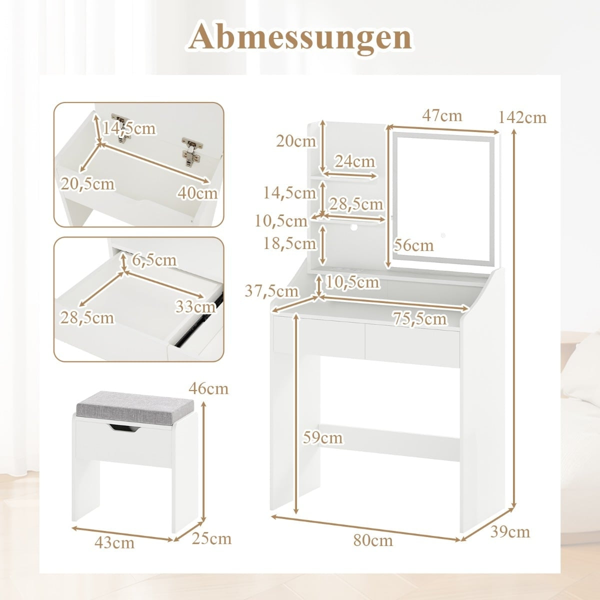 Vanity Set with Mirror, LED Lights & Storage Stool, White