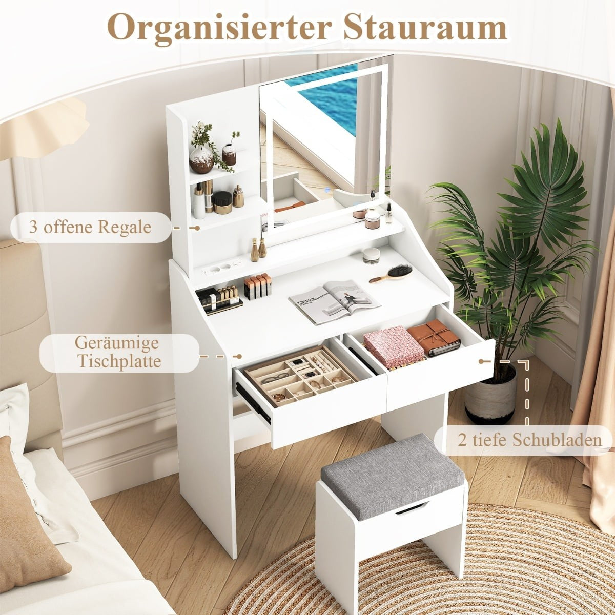 Vanity Set with Mirror, LED Lights & Storage Stool, White