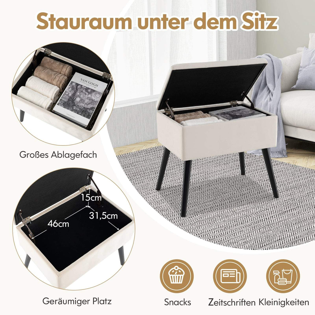 Vanity Stool with Storage, Beige Velvet, 150kg Capacity