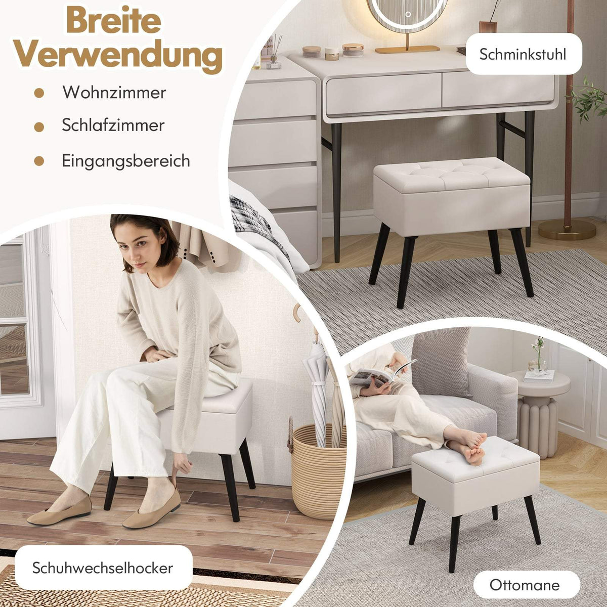 Vanity Stool with Storage, Beige Velvet, 150kg Capacity
