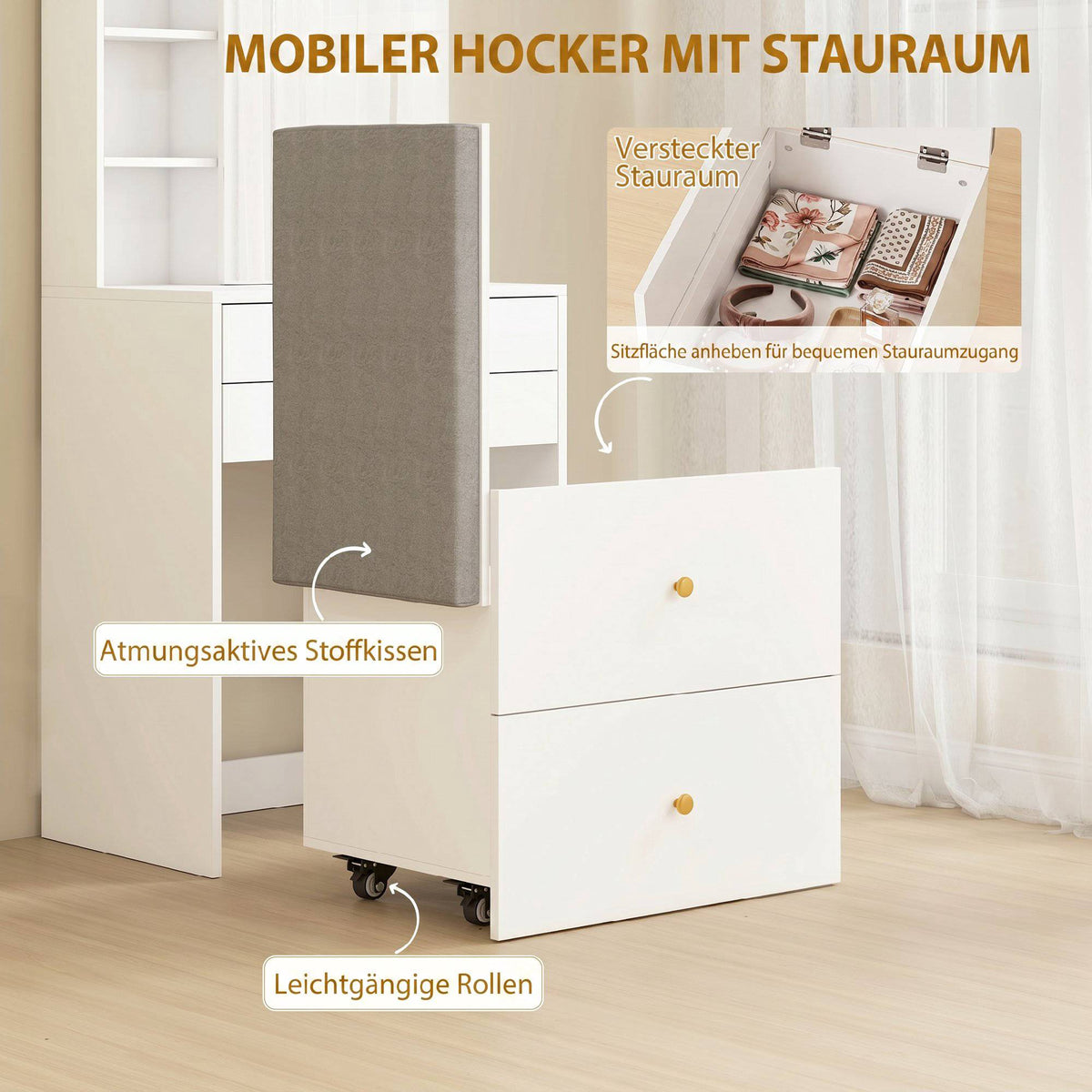 Vanity Table Set With Mirror, Storage Stool, White 60 cm