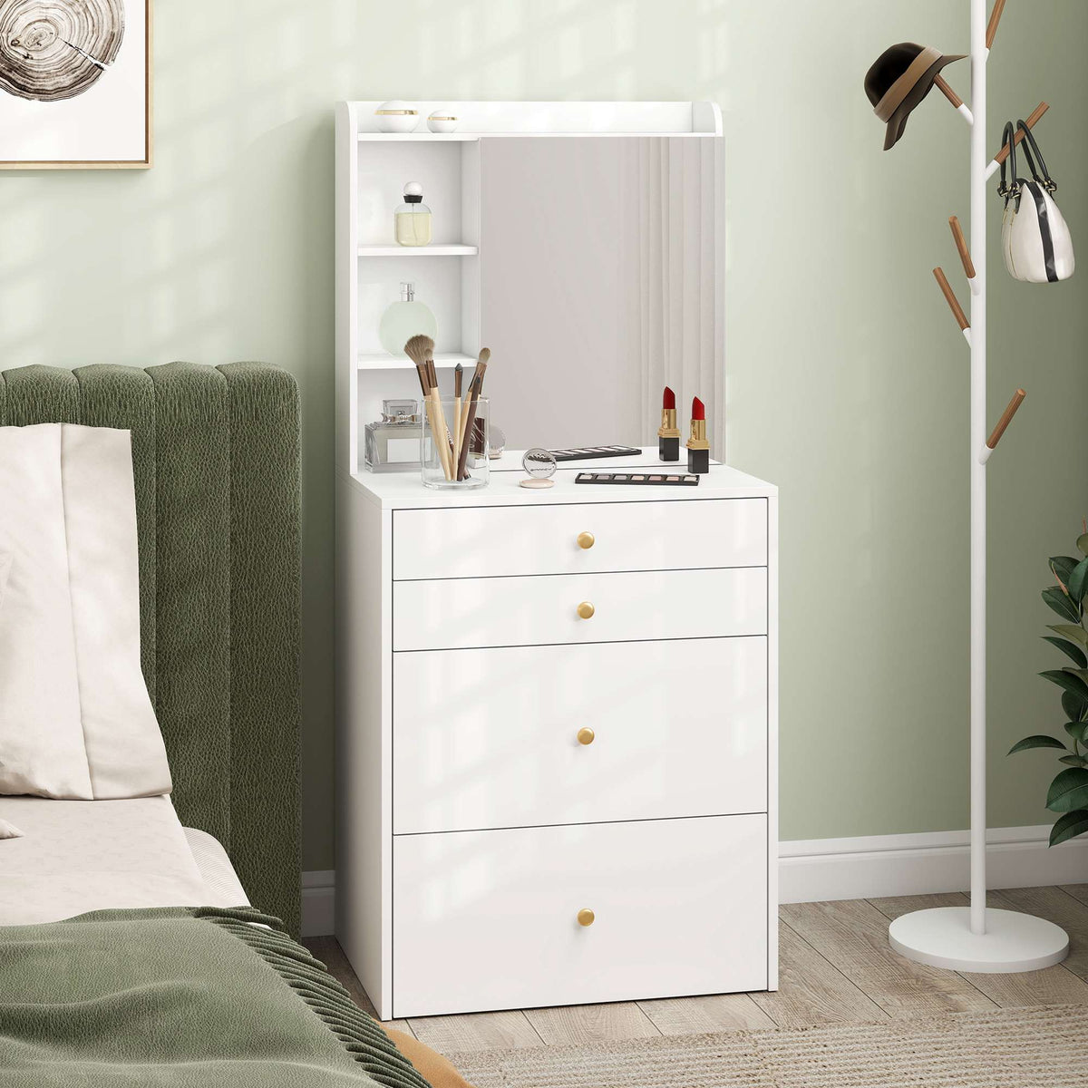 Vanity Table Set With Mirror, Storage Stool, White 60 cm
