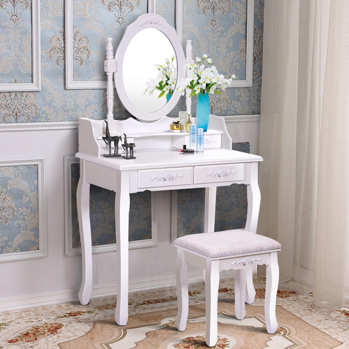 Vanity Table Set With Oval Mirror, 4 Drawers, Stool, White