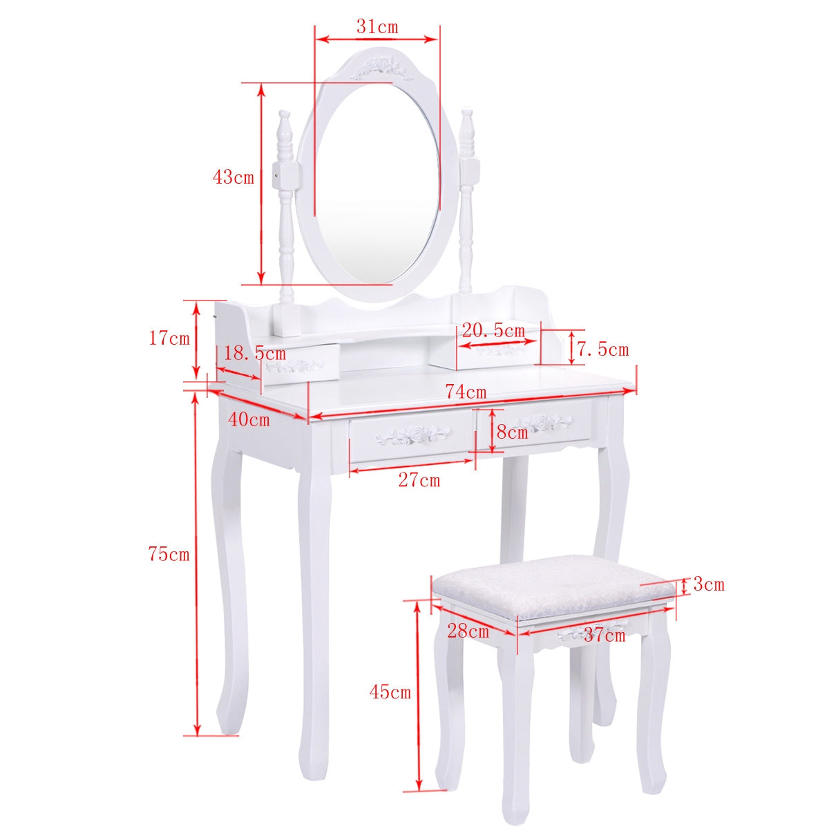 Vanity Table Set With Oval Mirror, 4 Drawers, Stool, White