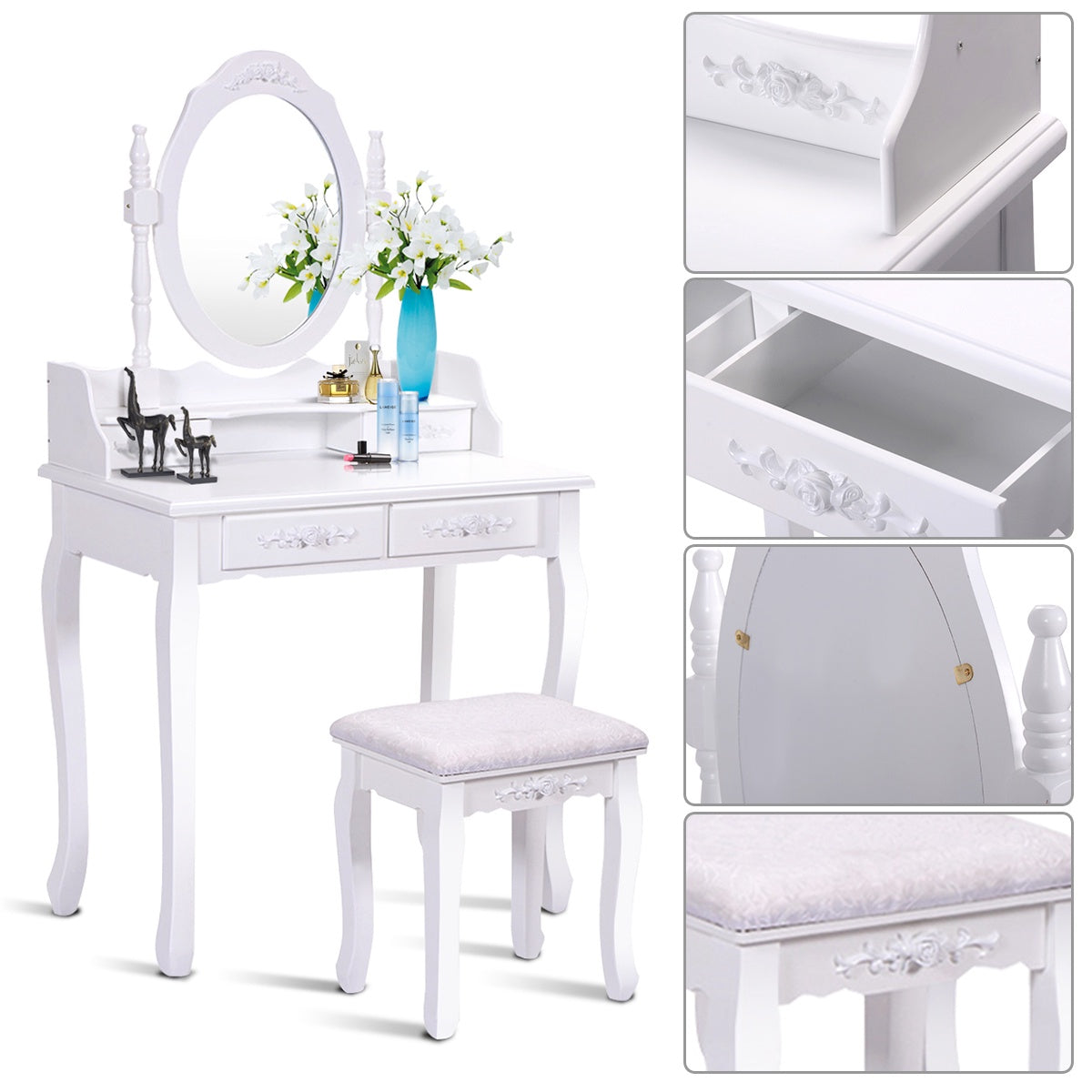 Vanity Table Set With Oval Mirror, 4 Drawers, Stool, White
