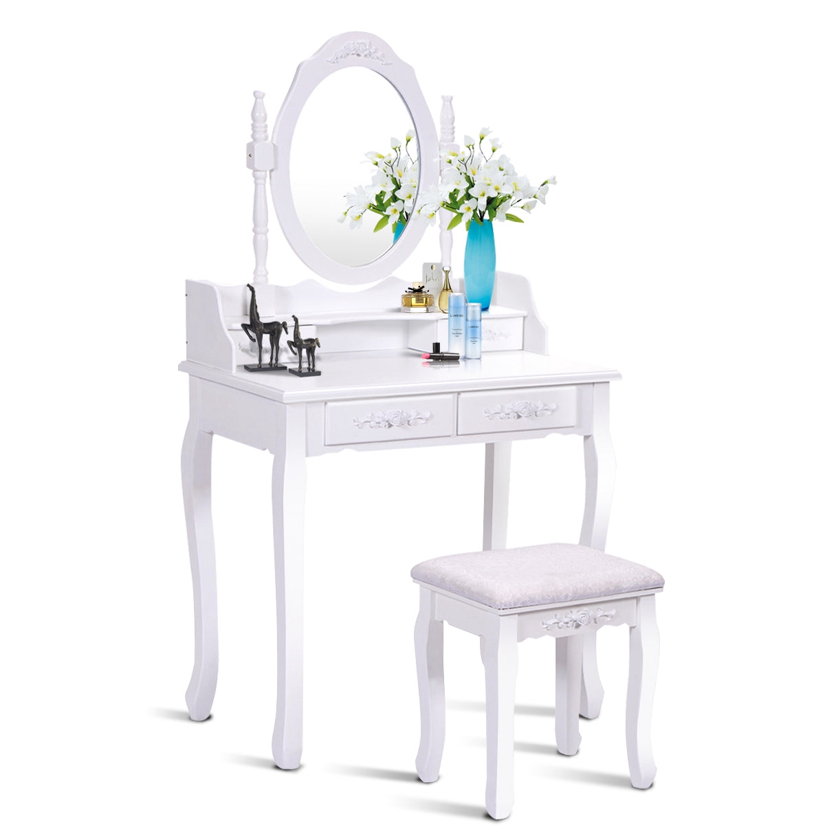Vanity Table Set With Oval Mirror, 4 Drawers, Stool, White