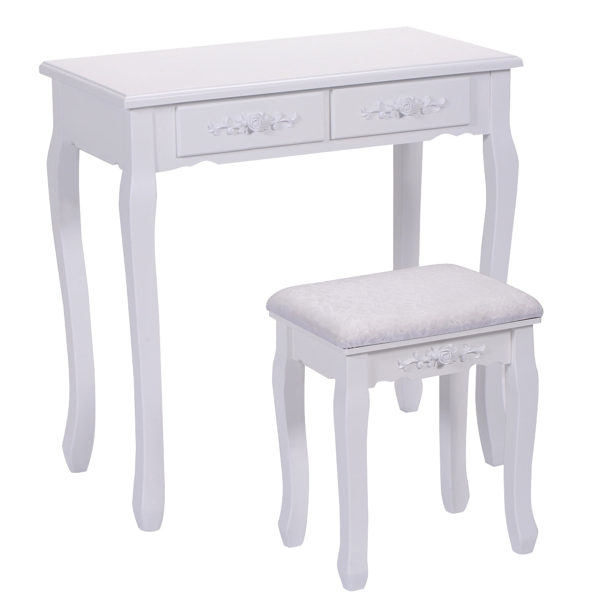 Vanity Table Set With Oval Mirror, 4 Drawers, Stool, White