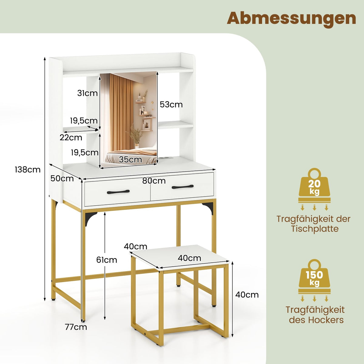 Vanity Table Set with Mirror, Charging Station, Drawers