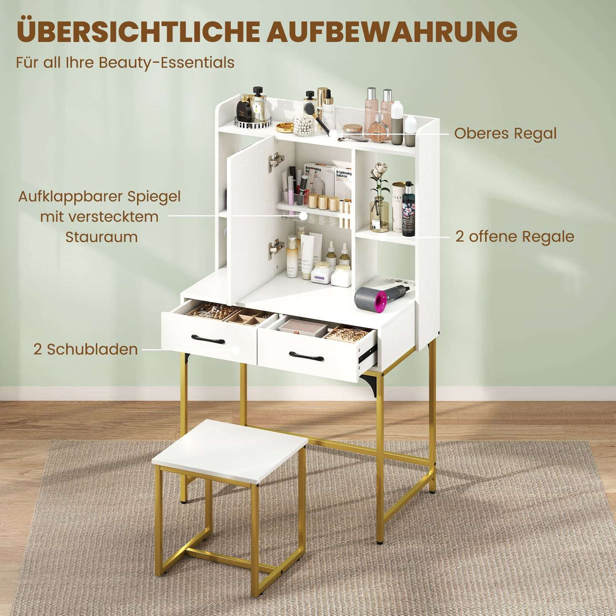 Vanity Table Set with Mirror, Charging Station, Drawers