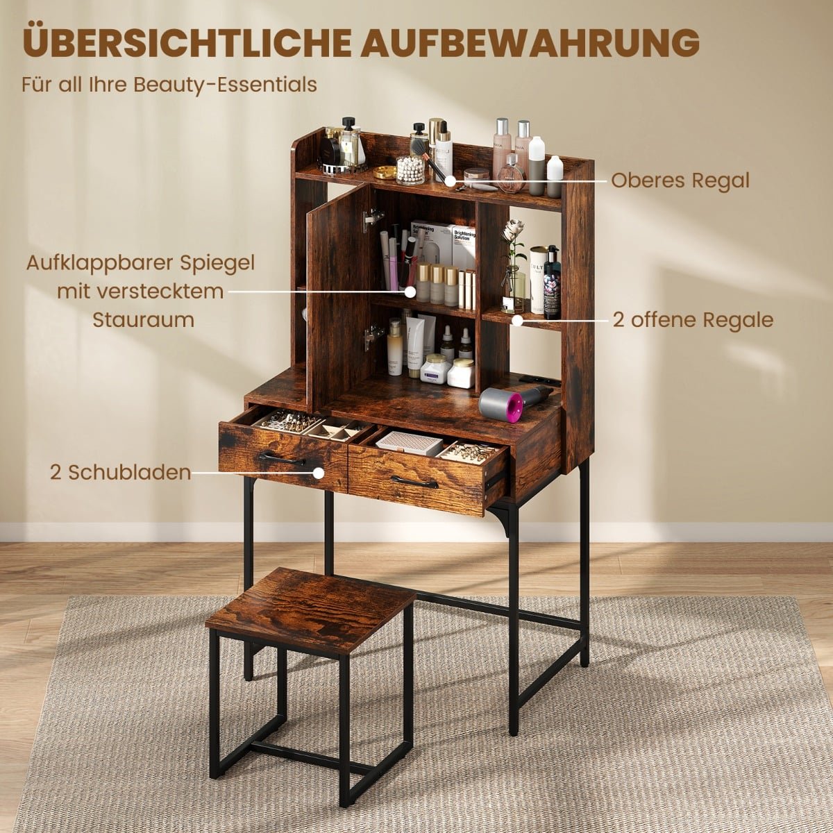 Vanity Table Set with Mirror, Charging Station, Storage