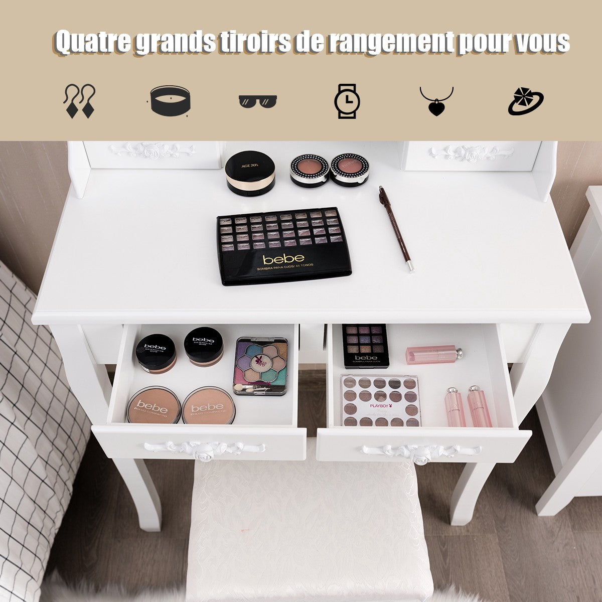 Vanity Table With LED Mirror, 4 Drawers and Stool, White