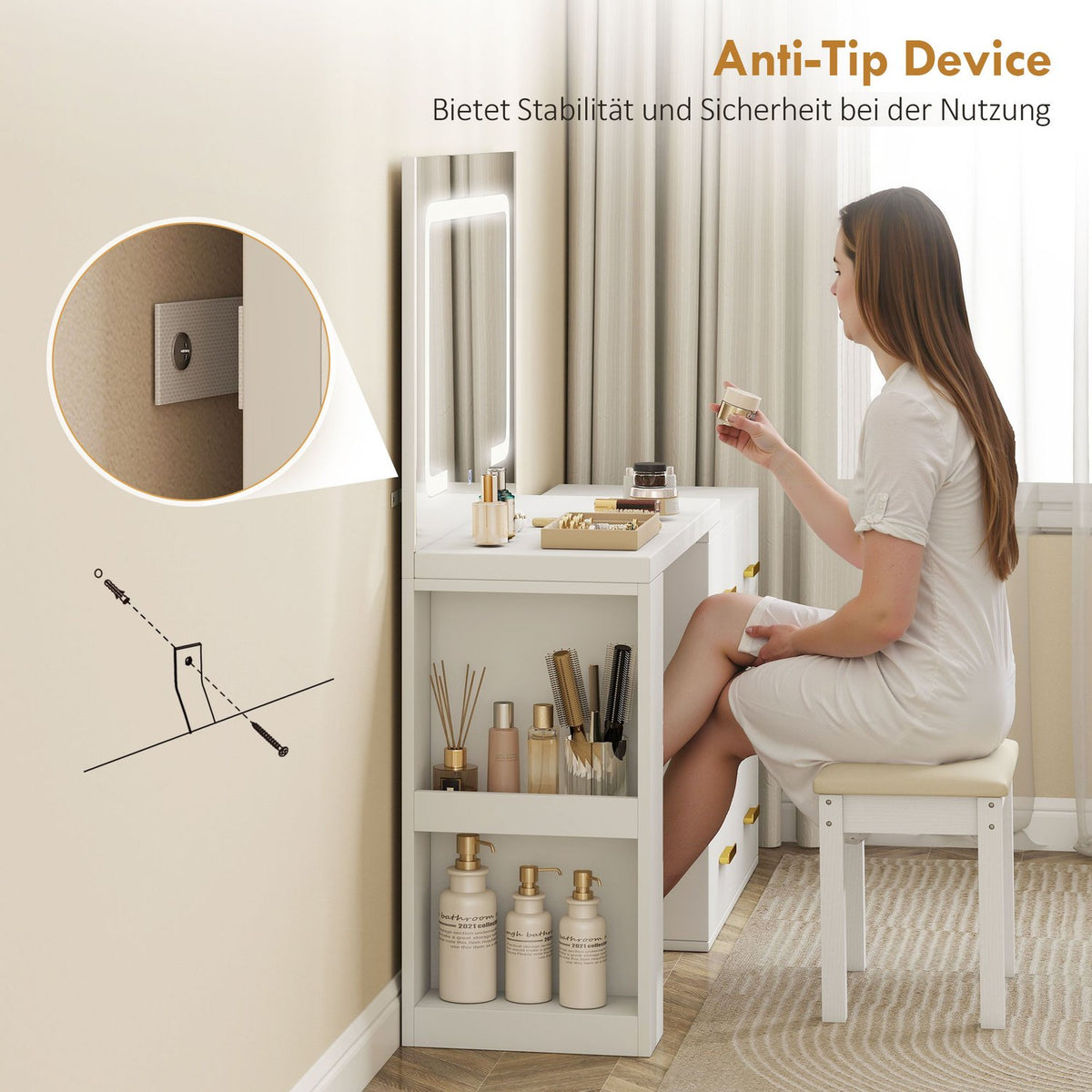 Vanity Table with Adjustable LED Mirror and Storage