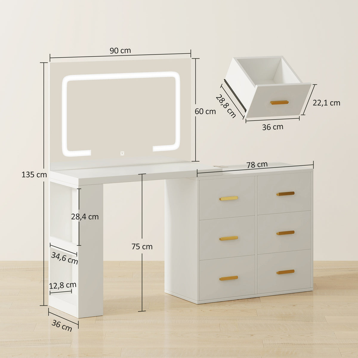 Vanity Table with Adjustable LED Mirror and Storage