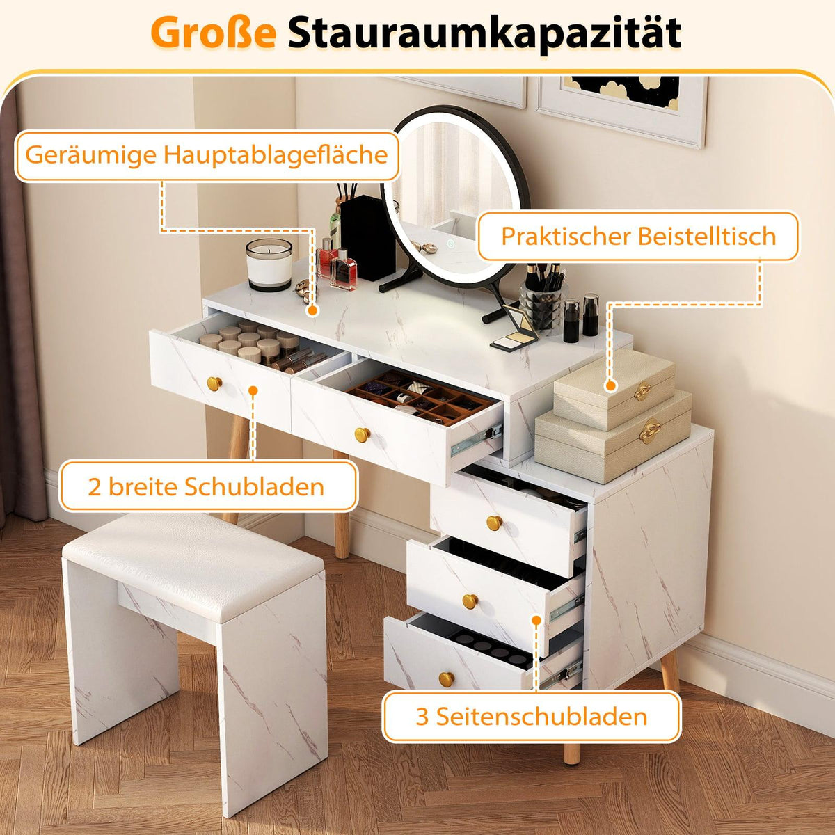 Vanity Table with LED Mirror, 5 Drawers, White