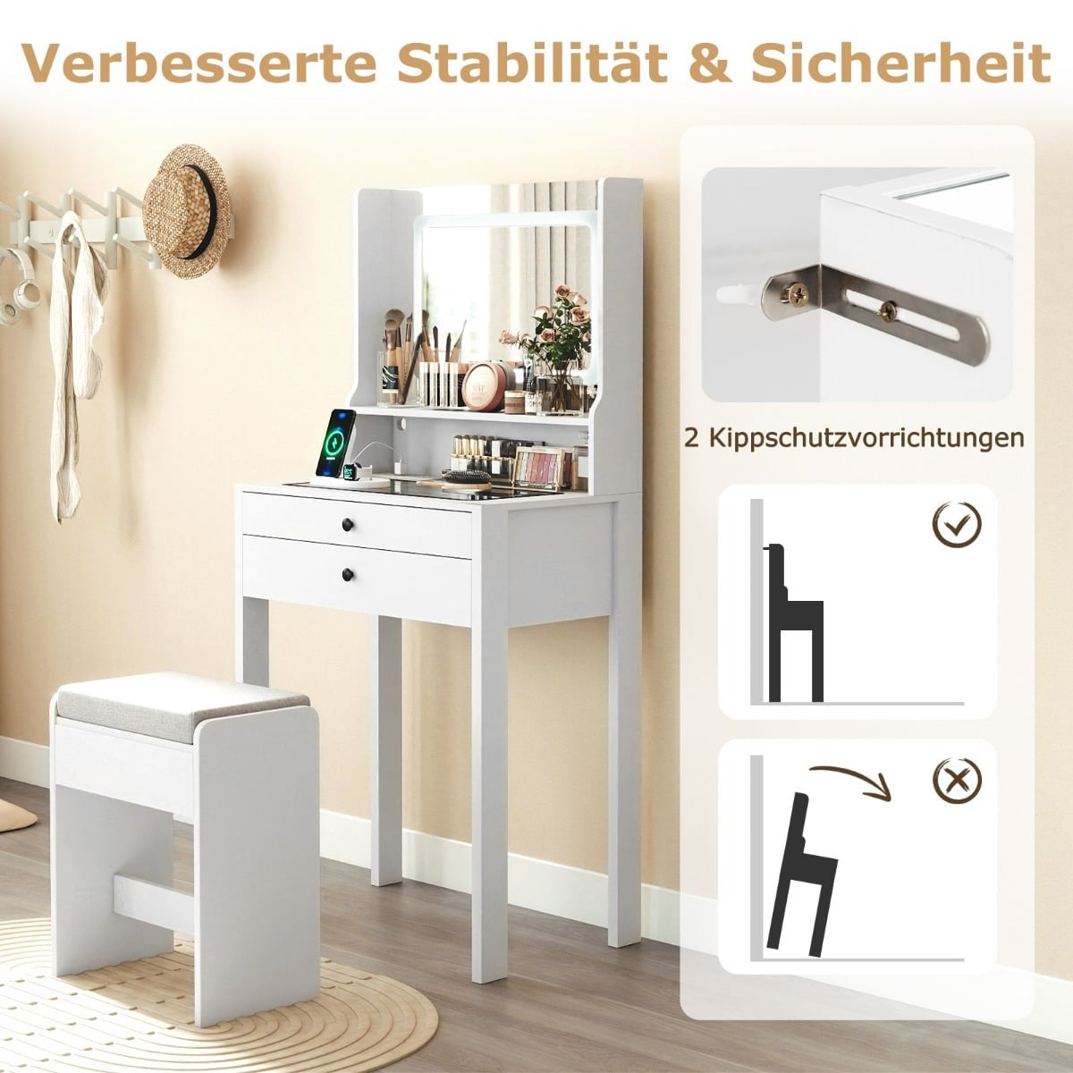Vanity Table with LED Mirror, Outlets, Padded Stool, White