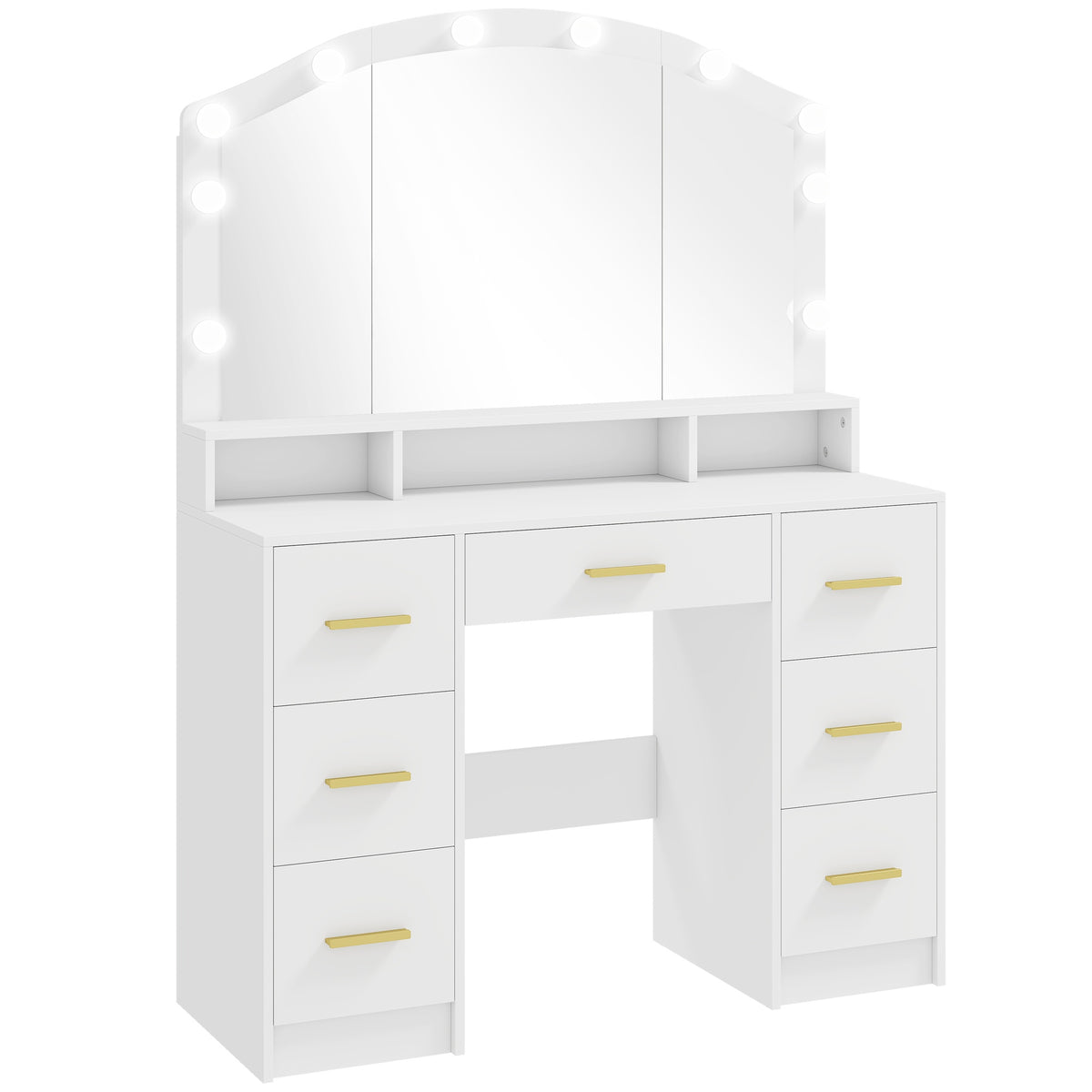Vanity Table with Mirror, 10 LED Lights, 7 Drawers, White MDF