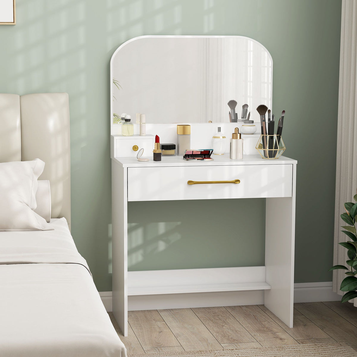 Vanity Table with Mirror, 3 Drawers, White, Compact Design