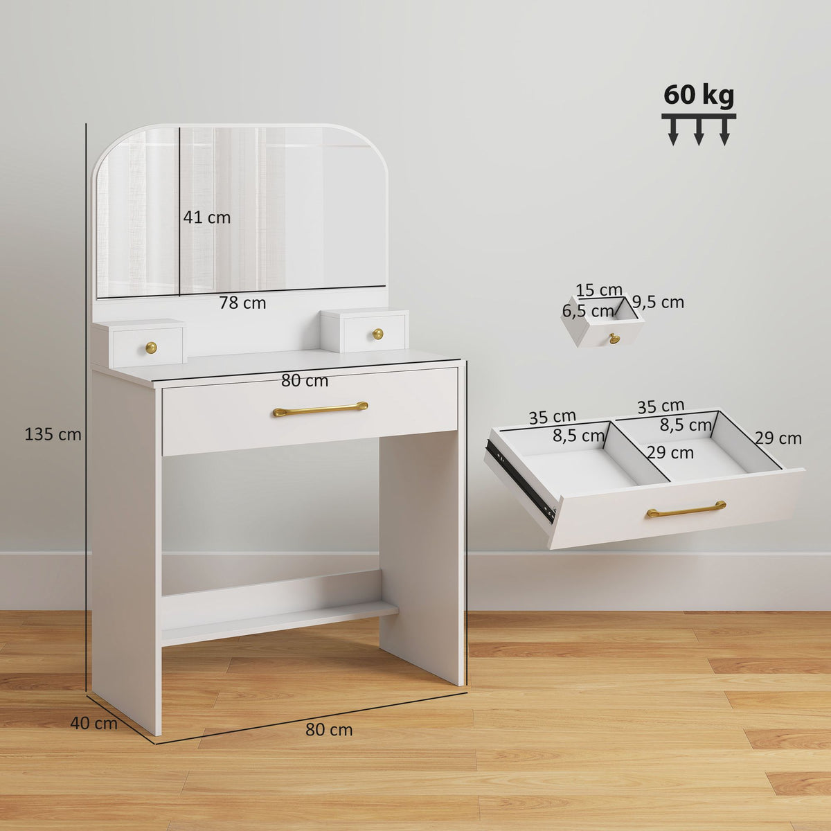 Vanity Table with Mirror, 3 Drawers, White, Compact Design