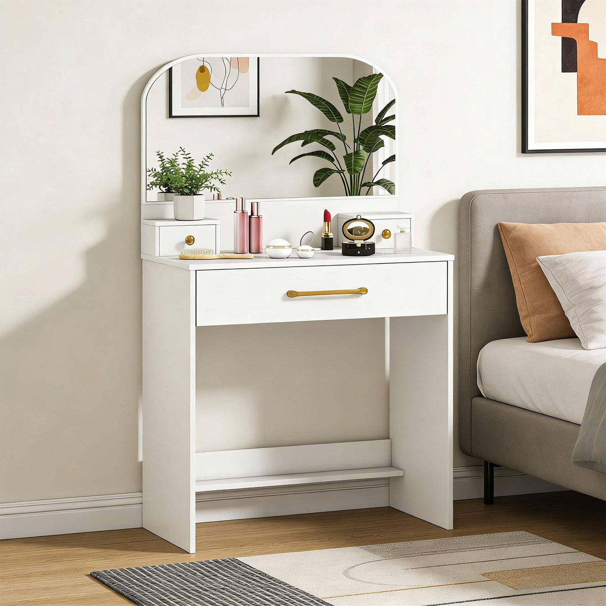 Vanity Table with Mirror, 3 Drawers, White, Compact Design