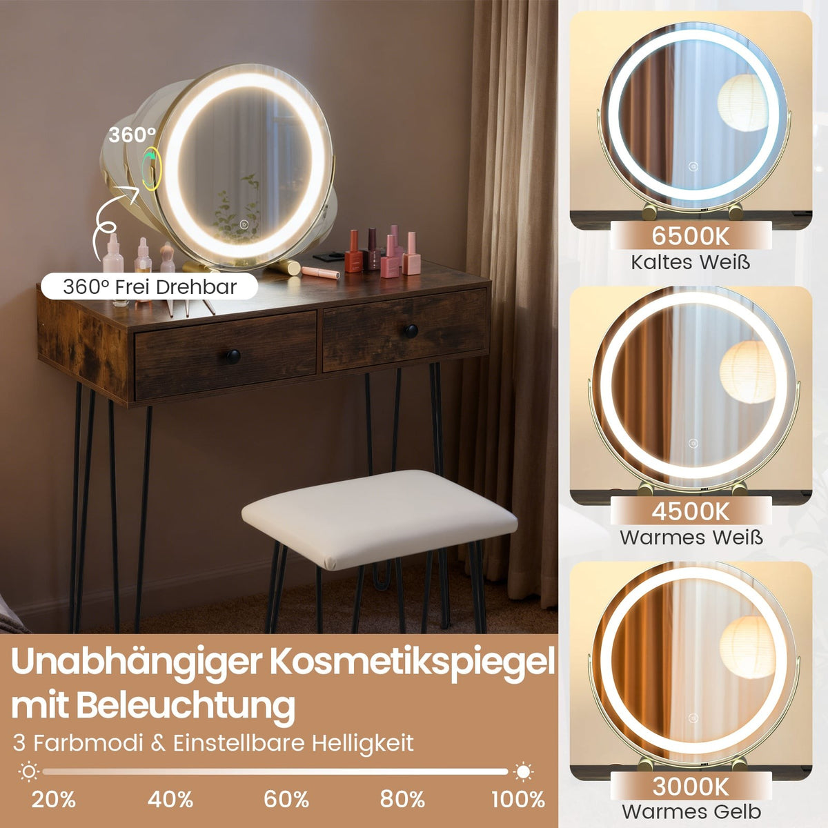 Vanity Table with Mirror, Lighting, Charging Station & Stool