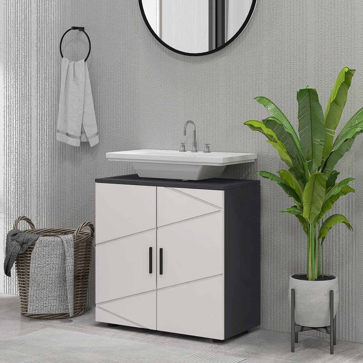 Vanity unit with adjustable shelf, vanity unit with handle, bathroom unit with anti-tip protection, grey, 60 x 30 x 60 cm |