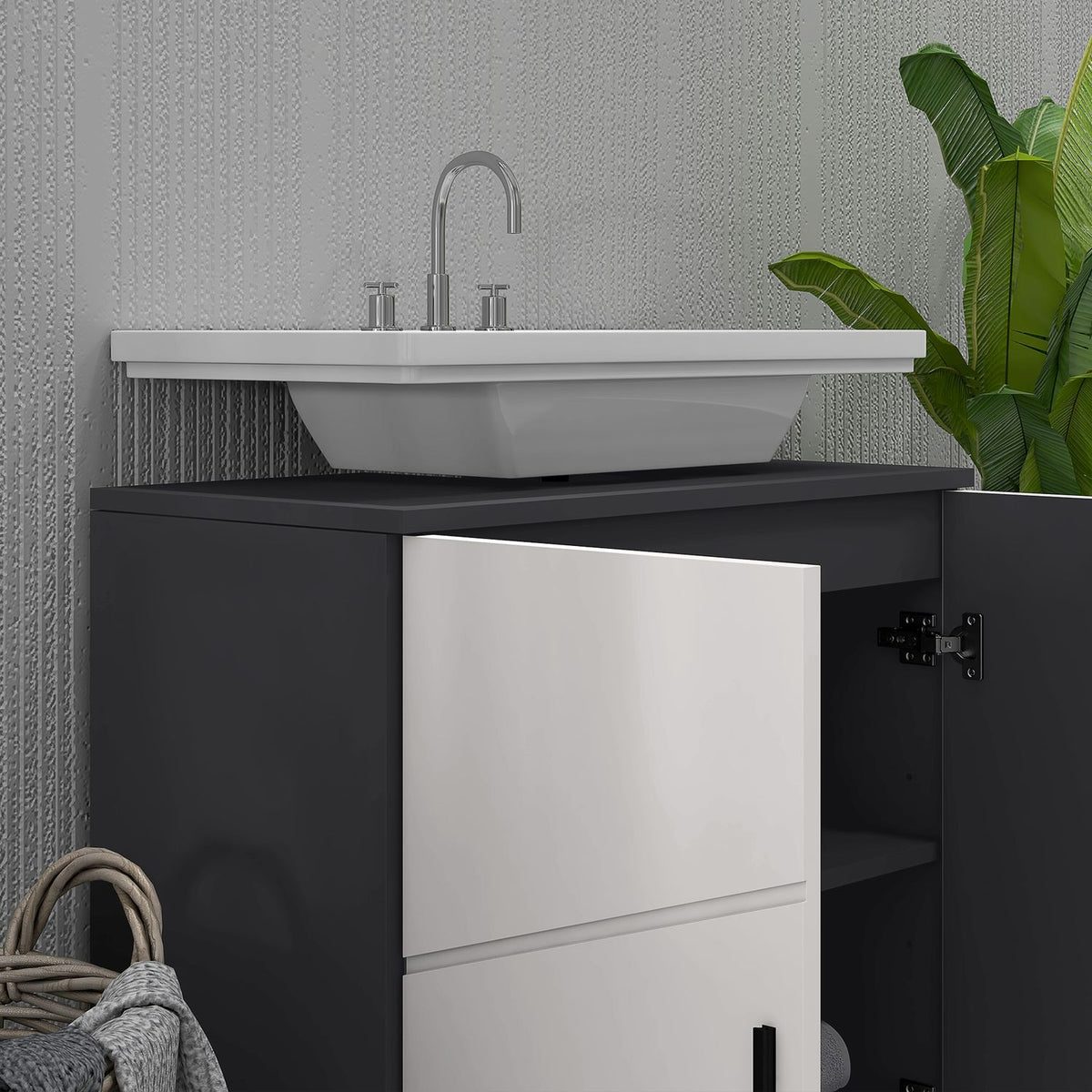 Vanity unit with adjustable shelf, vanity unit with handle, bathroom unit with anti-tip protection, grey, 60 x 30 x 60 cm |