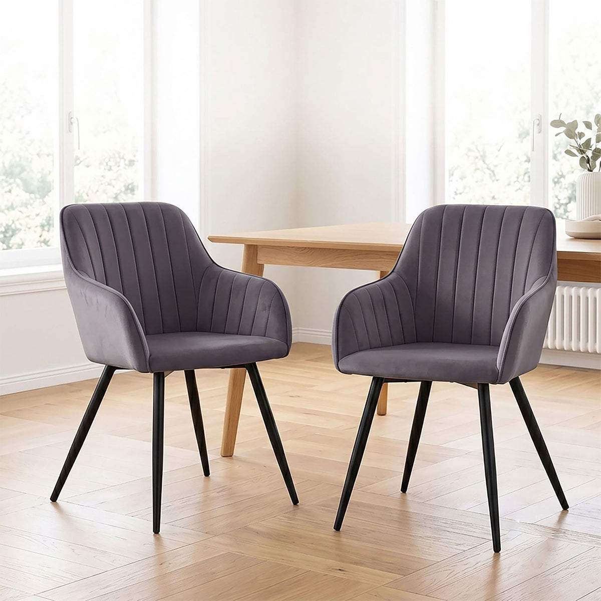 Velvet Dining Chairs with Armrests, Set of 2 - Anthracite