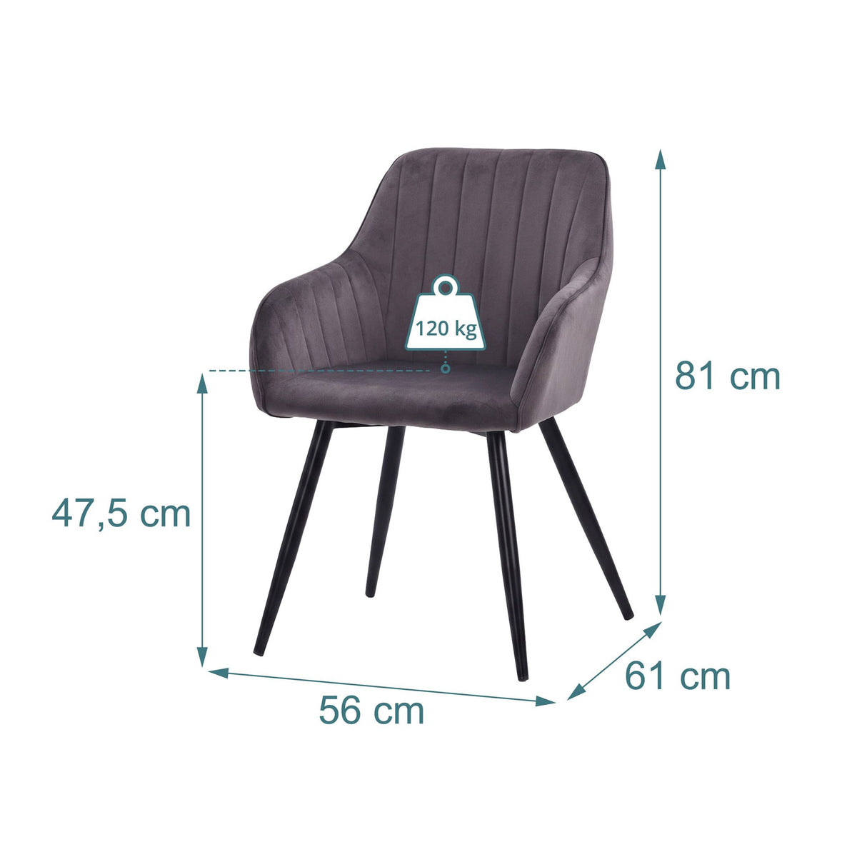 Velvet Dining Chairs with Armrests, Set of 2 - Anthracite