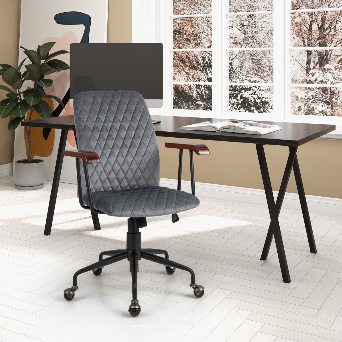 Velvet Office Chair – Adjustable Rocking Swivel, Wood Arms
