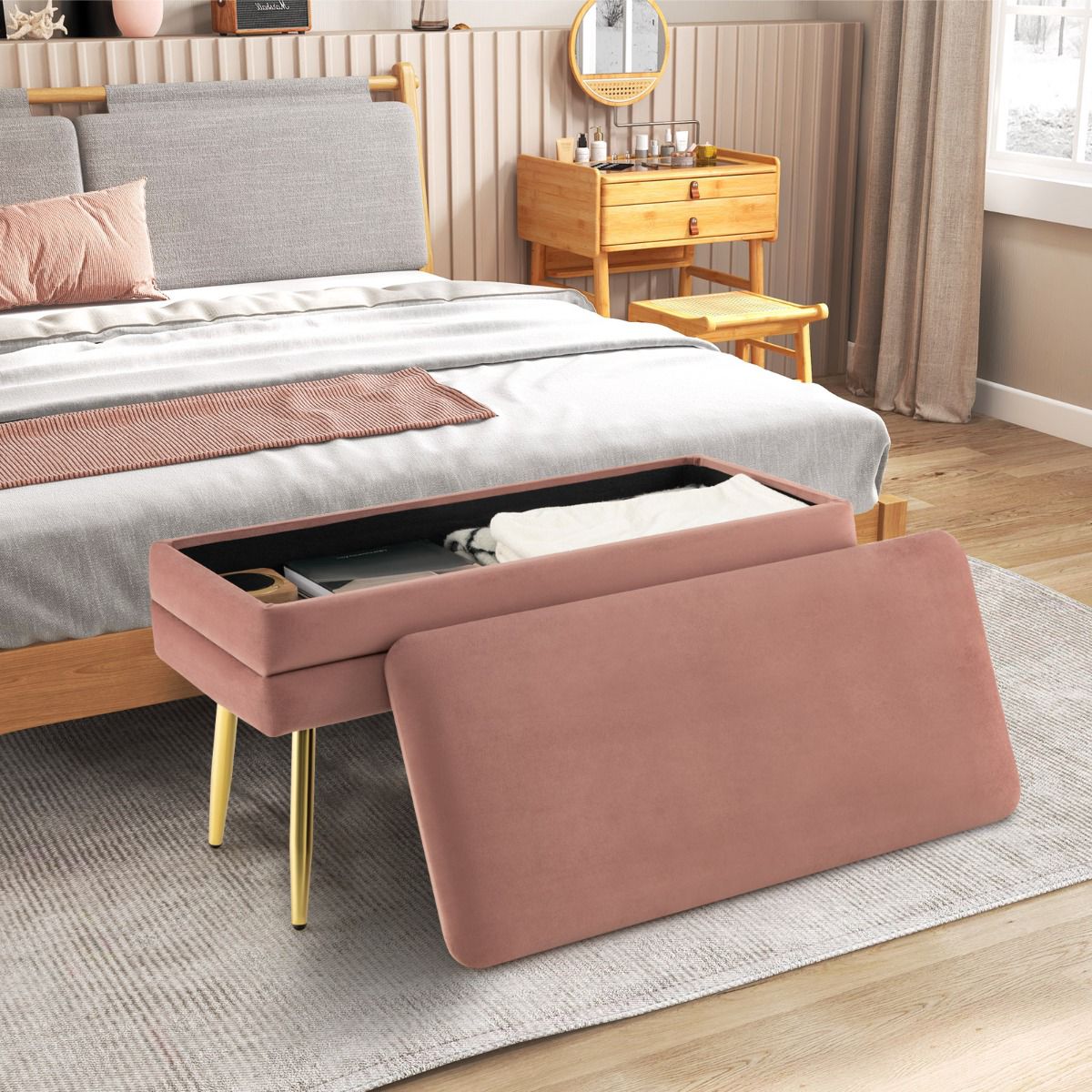 Velvet Storage Bench With Metal Legs, Pink 78 cm