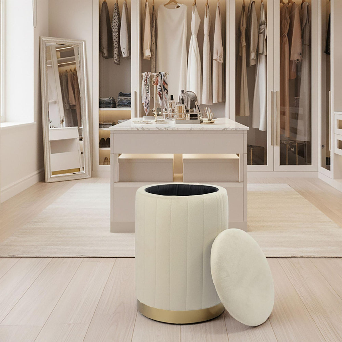 Velvet Storage Stool with Padded Seat and Gold Base