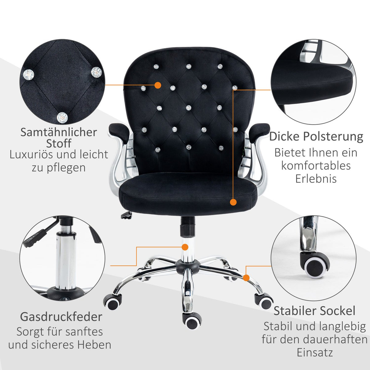 Velvet office chair, elegant swivel chair, height adjustable, with armrest, padded backrest, up to 120 kg, black