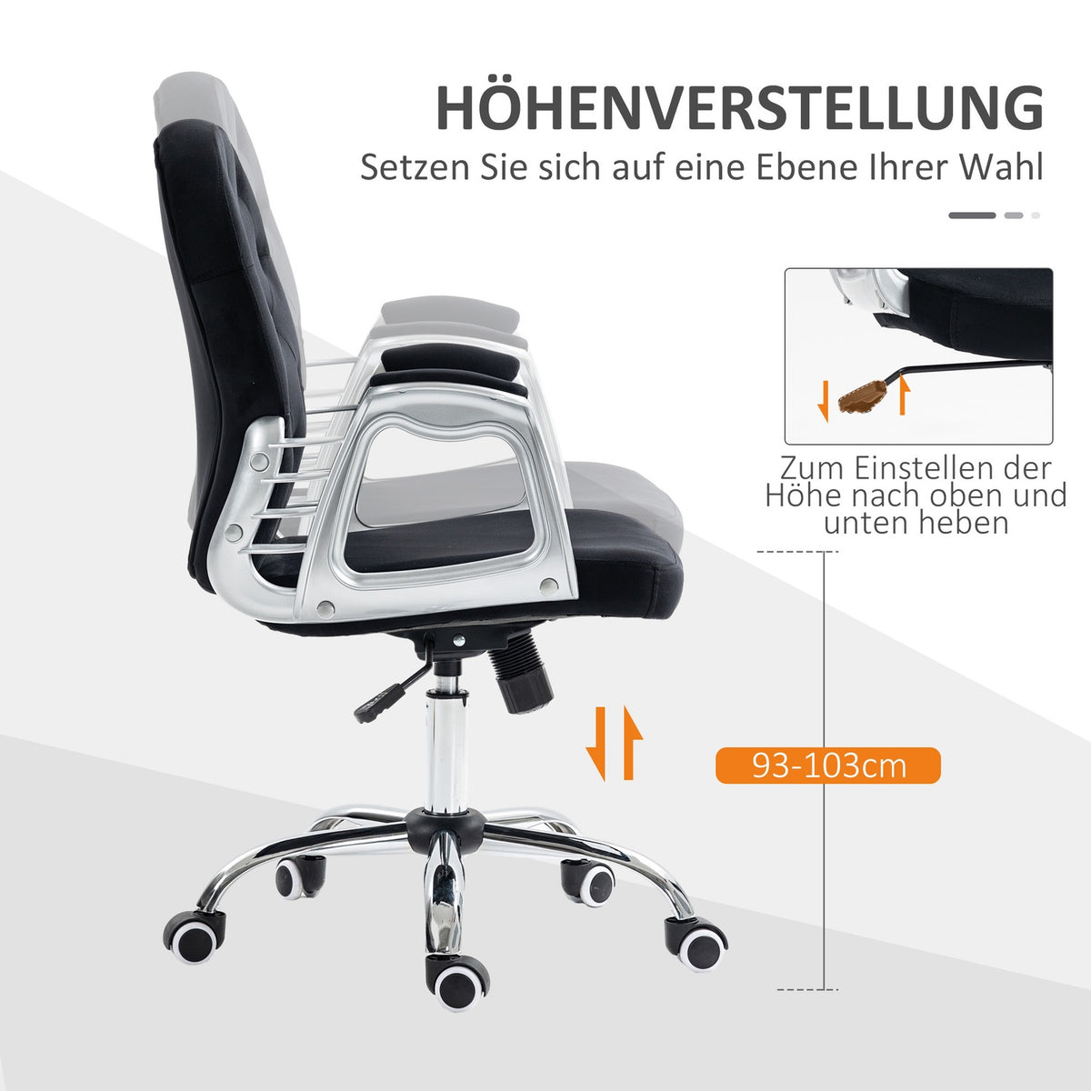 Velvet office chair, elegant swivel chair, height adjustable, with armrest, padded backrest, up to 120 kg, black
