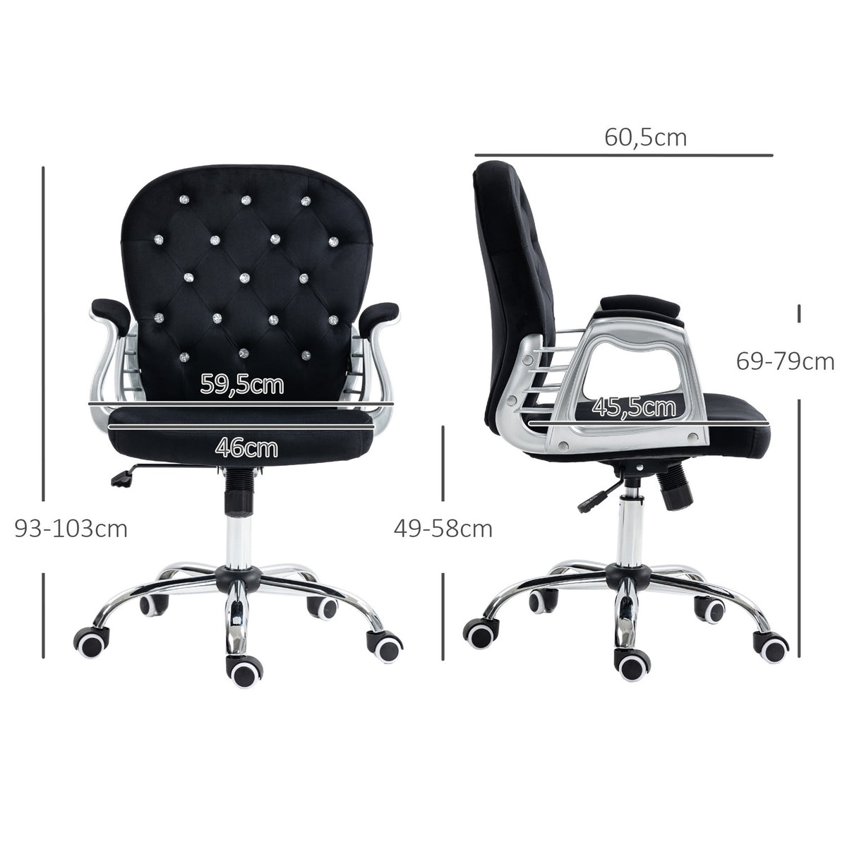 Velvet office chair, elegant swivel chair, height adjustable, with armrest, padded backrest, up to 120 kg, black