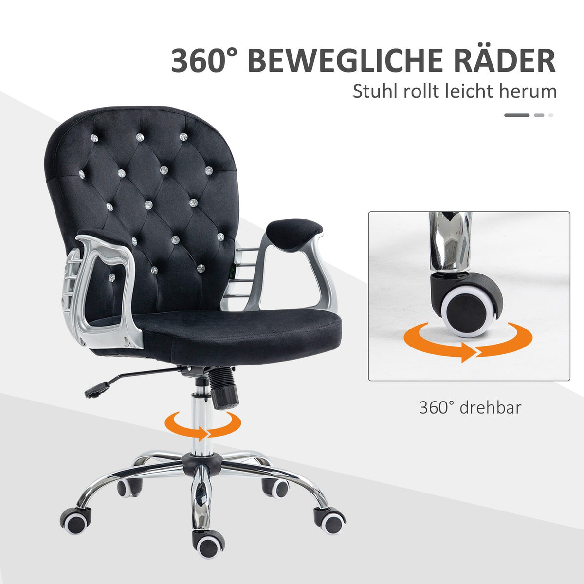 Velvet office chair, elegant swivel chair, height adjustable, with armrest, padded backrest, up to 120 kg, black