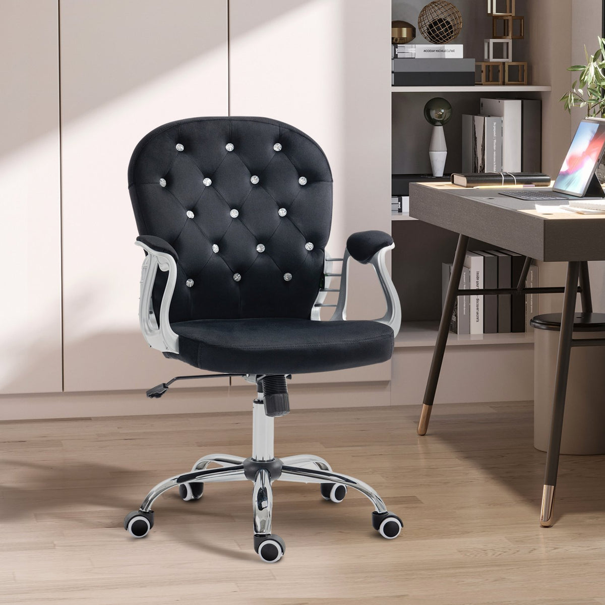 Velvet office chair, elegant swivel chair, height adjustable, with armrest, padded backrest, up to 120 kg, black