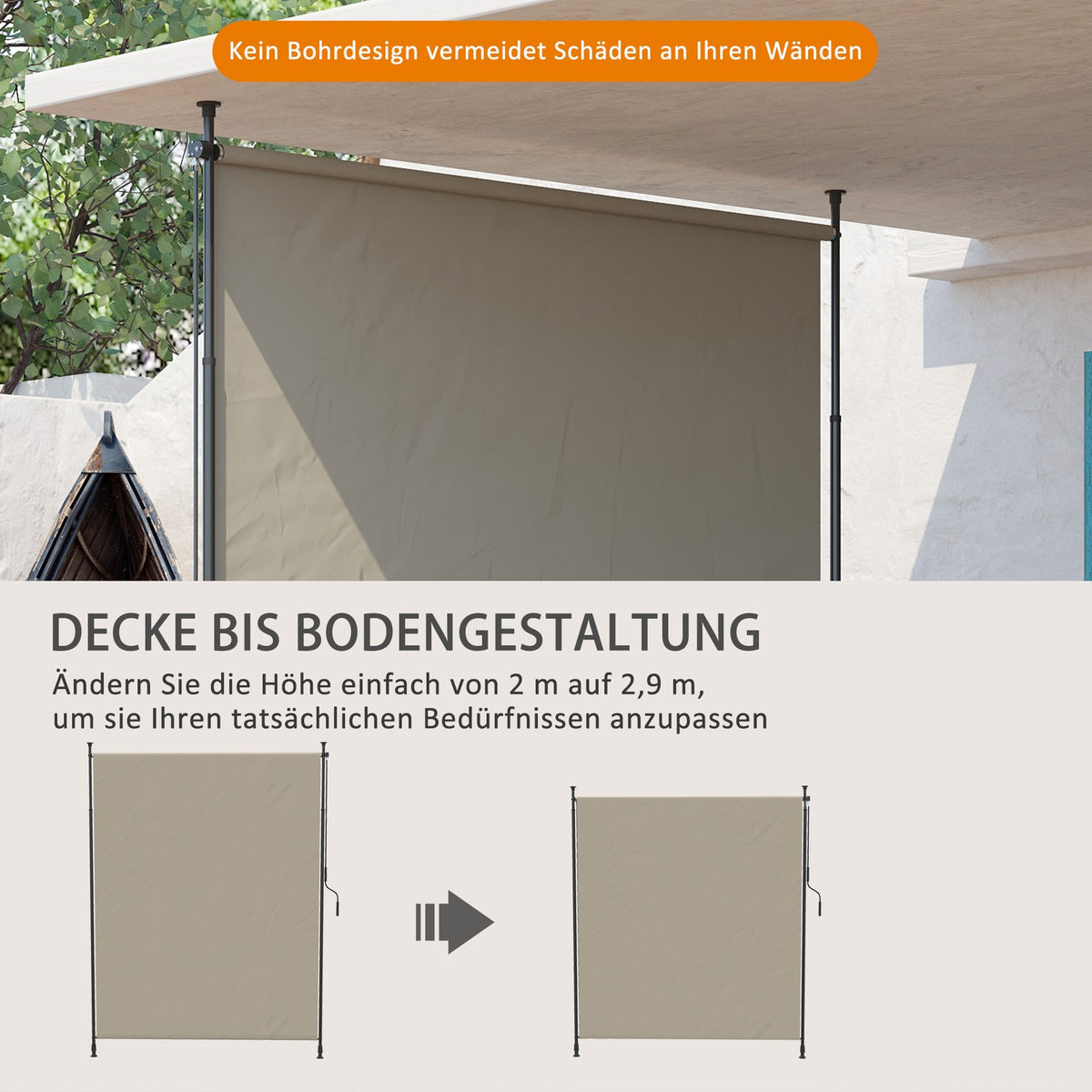 Vertical Awning, 200 X 292 Cm Vertical Awning, Retractable Sun Protection, Adjustable Side Awning, Wind Protection, Aluminum, Sand