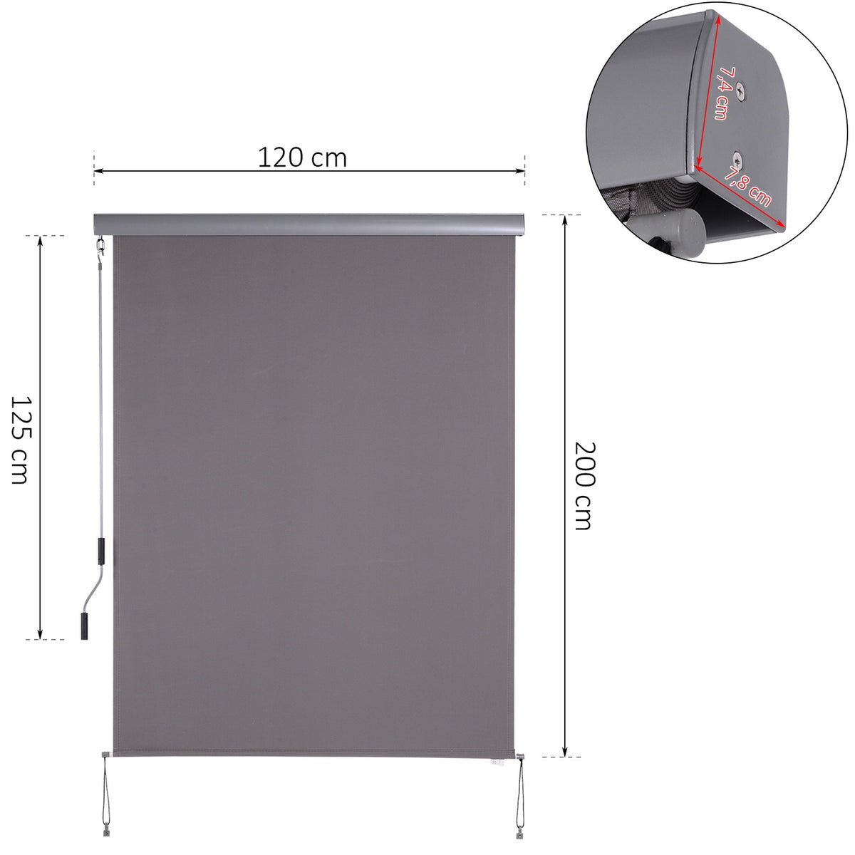 Vertical Awning, Balcony Awning, Vertical Awning, Wind Protection, Side Roller Blind, Privacy Screen With Hand Crank, Polyester Fabric + Aluminum, Gray, 120 X 200 Cm