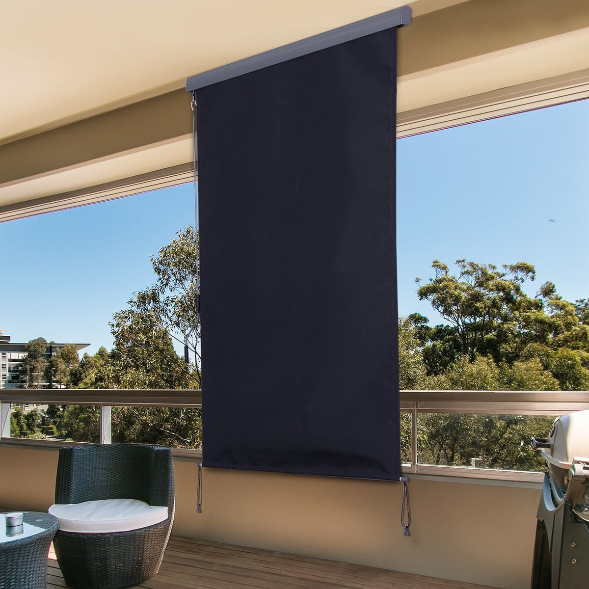Vertical Awning, Balcony Awning With Hand Crank, Wind Protection, Side Blind, Polyester + Aluminum, 120X200Cm